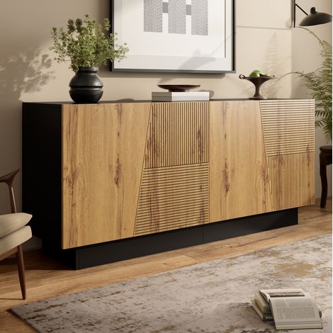 Credenza 160 x 40 x 72 cm in nero e effetto legno, con ripiano regolabile (1/5)