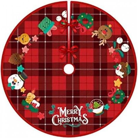 Tapis de sapin de Noël, 122 cm, à carreaux rouges, motif Père Noël, bonhomme de neige et élan, pour une fête de Noël (1/4)