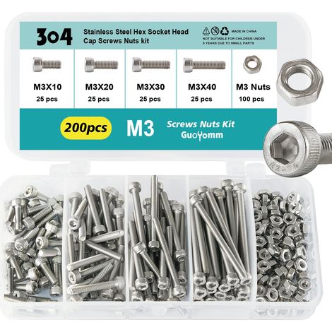 Lot de 200 vis à six pans creux M3 avec écrous en acier inoxydable 304 Jeu de boulons mécaniques entièrement filetés dans une boîte combinée, longueurs : 10 mm, 20 mm, 30 mm, 40 mm (1/5)