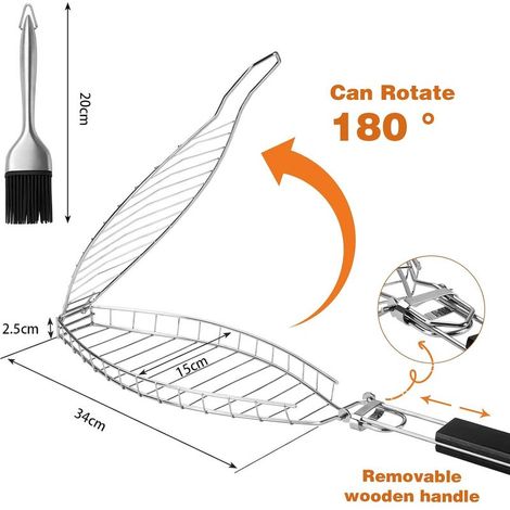Fischgrill für den Grill, Edelstahl-Grill mit Ölpinsel, zum Grillen von Fisch, Steaks und Hähnchenflügeln (1/4)