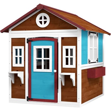 Kinderspielhaus aus Holz Spielhaus Outdoor mit Fenster, Blumenregal, Pflanzenkasten und Tür Gartenhaus für Kinder 3-8 Jahre Dunkelbraun Aosom