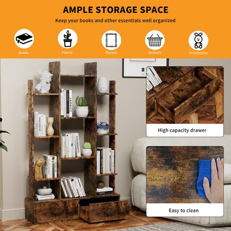 Bibliothèque industrielle vintage avec 2 tiroirs, étagère ouverte autoportante, 12 rayonnages de rangement, meuble à livres en bois brun rustique pour chambre, salon ou bureau. (1/5)