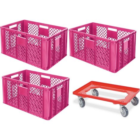 BRB Lot de 3 bacs euros ajourés, qualité alimentaire, 600 x 400 x 320 mm, avec chariot de transport (rose)