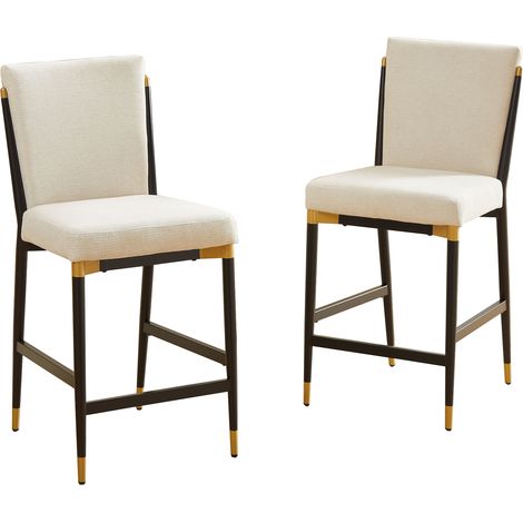 Lot de 2 tabourets de bar hauteur comptoir avec repose-pieds rectangulaire, cadre noir et or, assise crème en tissu - style scandinave (1/5)