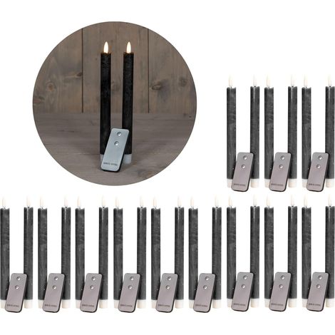 Bougies bâton LED 12 pièces VRAIE CIRE NOIRE avec fonction minuterie 6 heures 23 cm de hauteur pour les bougies 2,2 cm de diamètre 2 piles AAA