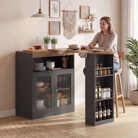 Noir Naturel 150x80x105,5 cm - Table de bar extensible et rotative à 90° doté de étagères ouvertes et 2 portes vitrées, et