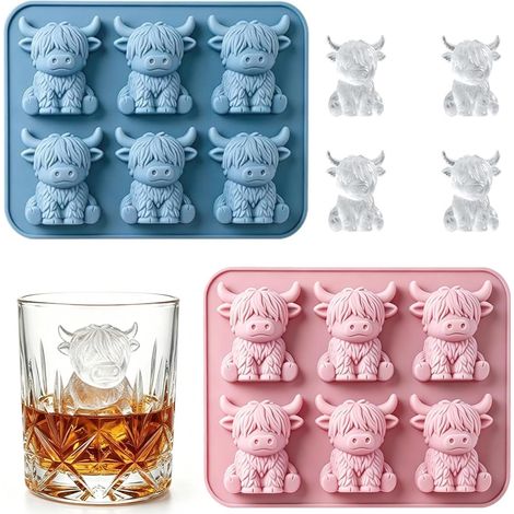 Stück Highland Cow Eiswürfelform Hochlandrind Silikon, 3D Silikon Eiswürfelform Kuh für Whisky Cocktails Schokolade Süßigkeiten Gelee, Mini Eiswürfelform Lustiges Geschenk für Kuhliebhaber (Blau) (1/5)