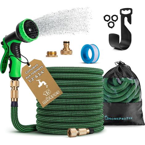 Tuyau d'arrosage extensible de 15 m - Tuyau d'arrosage réglable avec adaptateurs 1/2 pouce et 3/4 pouce (19 mm et 13 mm), 9 modes d'arrosage, en latex triple épaisseur résistant avec raccords en laito