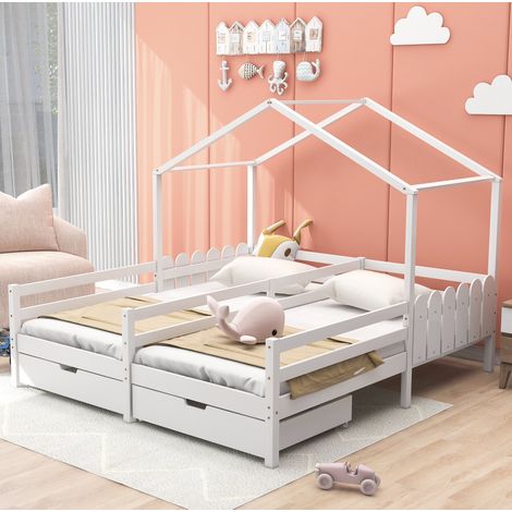 MODFU – Cama tipo cabaña doble 2x90x200 cm de pino/MDF con barandillas, 2 cajones con ruedas, carga 100 kg y FSC – Blanco (1/5)