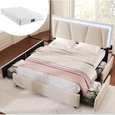 lit coffre 140x200 LED, 4 tiroirs, tete reglable, beige HAVRYA (1/5)