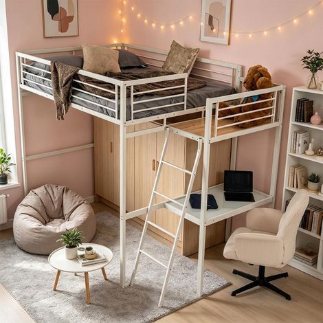 Lit Mezzanine 2 Places avec Fauteuil Réglable et Bureau en Verre Trempé, Gain de Place pour Chambre Étudiant Adolescent Adulte, Cadre Métallique, Blanc + Beige (1/5)