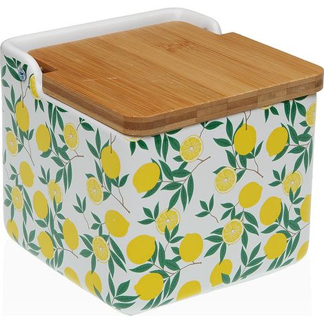 VERSA salero ceramica lemons 12,2x12,2x11,5 cm , Salero cerámica  12,2 x 12,2 x  11,5cm LemonsMarca VersaCon diseño estampado de limones sobre un fondo color blanco, tapa d