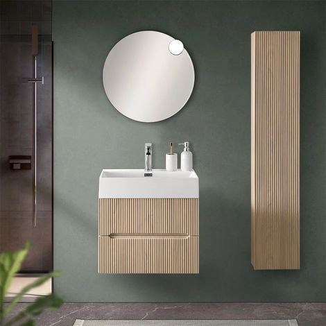 Mobile bagno sospeso cannettato 60 cm rovere chiaro con specchio Bali (1/5)