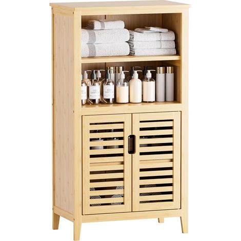 Meuble Salle de Bain Rangement Bambou Naturel Armoire Salle de Bain sur pied avec 2 Compartiments Ouverts et Étagères Amovibles, pour Salon, Cuisine, Entrée (1/5)