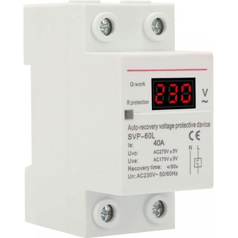 Regolatore di tensione con ripristino automatico, dispositivo di protezione da sovratensione e sottotensione 230V 40A per montaggio su guida DIN. (1/5)