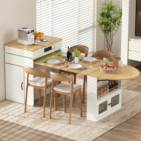 Isla de cocina extensible con LED, puertos USB/Type-C y ruedas, blanca OKWISH (1/5)