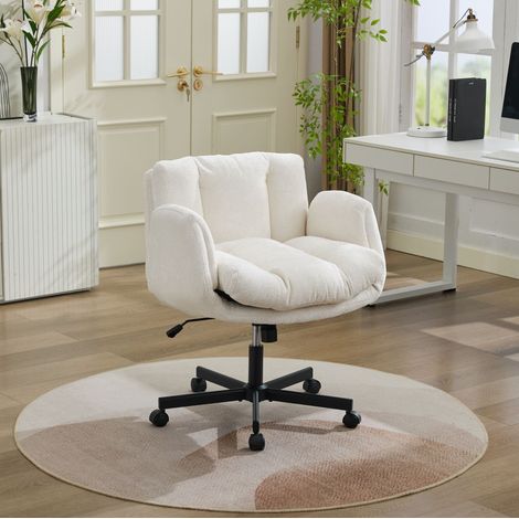 Bürostuhl beige aus Chenille mit höhenverstellbarer Sitzfläche, 360°-Drehfunktion und klappbaren Armlehnen (1/5)