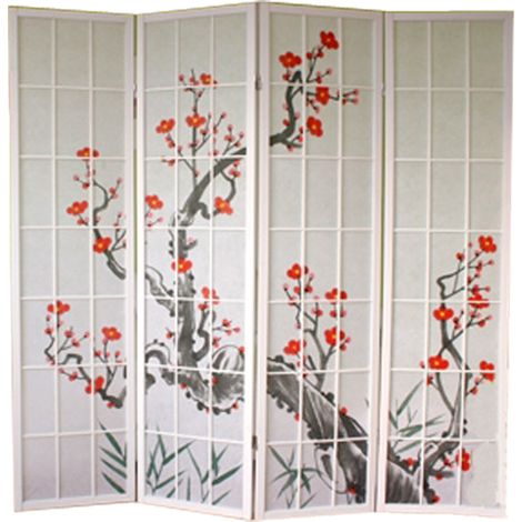 Pegane – Paravent bois blanc 4 pans avec fleurs de cerisier – Structure en bois verni – Panneaux avec quadrillage et papier de riz – Occultant et lumineux (1/4)