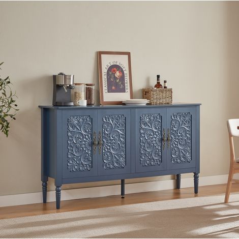 Buffet en bois avec sculptures en relief antiques et grand espace de rangement, finition marine bleue, coins arrondis - meuble de rangement pour salle à manger et salon (1/5)