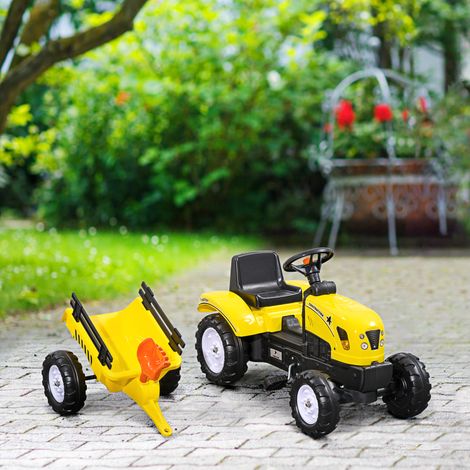 Tracteur à pédales pour enfants avec remorque, râteau et pelle, tracteur à 6 roues, capacité de charge de 35 kg, à partir de 3 ans, jaune