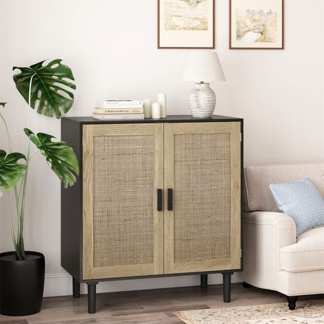 Buffet Cabinet de Rangement en Rotin - 80x40x88 cm - Commode 2 Portes avec Poignées en Bois Massif Anti-basculement - Noir (1/5)