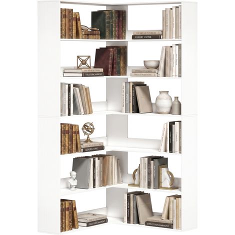 Bibliothèque à 7 étagères, étagère d'angle en L avec dos antidérapant, blanche aspect bois (1/5)
