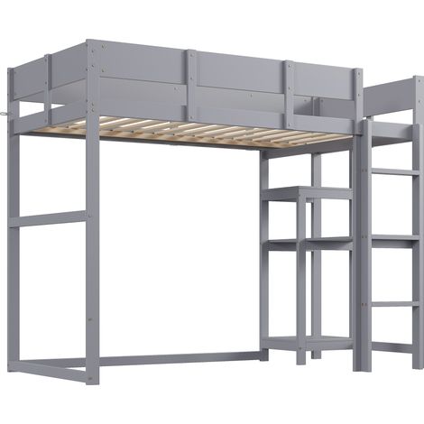 Cama alta 90 x 200 cm con estantería, de madera, gris, para niños y adolescentes (1/5)