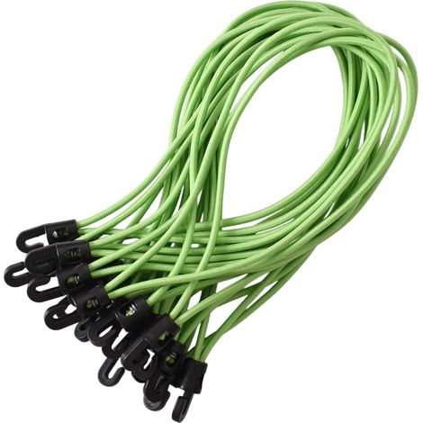 20 cuerdas elásticas verdes de 26 cm con ganchos, reutilizables para lonas, remolques y jardín. (1/5)