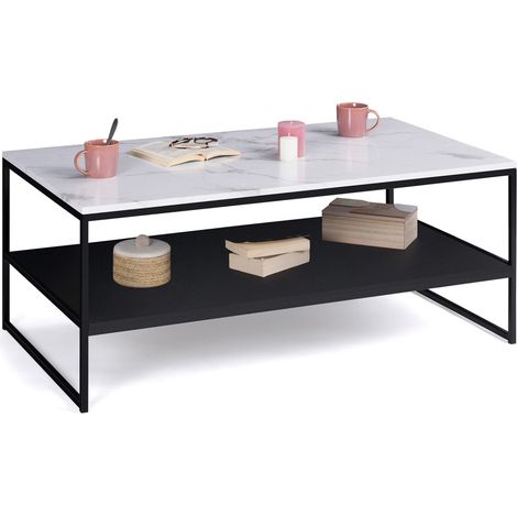 Idmarket – Table basse fixe double plateau effet marbre noir – Structure métal rectangulaire – Dimensions 113x60x45cm – Compartiment ouvert pour rangement (1/5)