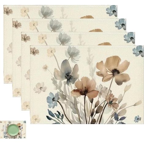 Lot de 4 sets de table rectangulaires en toile de lin lavable Motif floral et feuilles 30 x 46 cm (1/5)