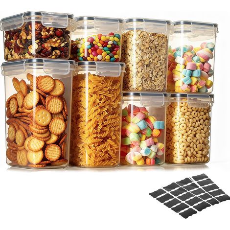 Boîte de Rangement Cuisine, Hermetique Alimentaire Boite Plastique avec Couvercle Frigo Lot de 8 pour Céréales, Farine, Sucre, Riz, Pâtes Sans Bpa avec Autocollants (1/5)