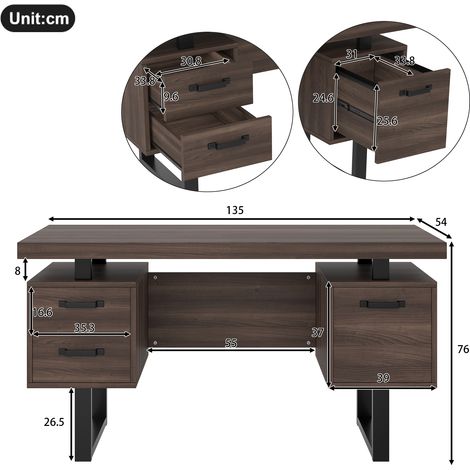 Bureau, avec tiroirs, 135 x 54 x 76 cm, métal et acier, noir (1/5)