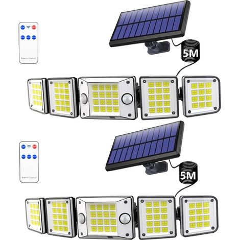 Projecteurs Solaire Extérieurs, 280 LED, 3000 LM, Détecteur de Mouvement & Télécommande, 5 Têtes Orientables Angle Large 300°, Étanche IP65, Lampes de Sécurité Économes en Énergie pour Cour, Garage, (1/5)
