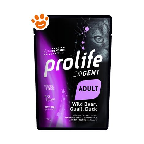Prolife Cat Exigent Adult Cinghiale Quaglia e Anatra - Prolife Cat Exigent Adult Cinghiale Quaglia e Anatra - Bustina Da 85 Gr (1/2)