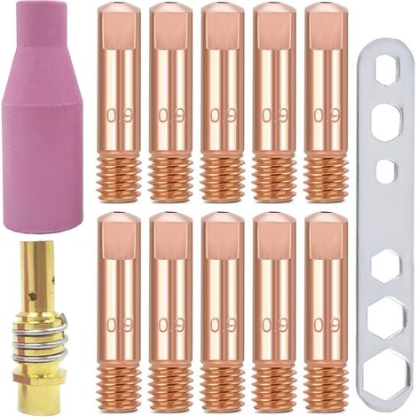Embouts de contact de soudage, embouts de soudage MB15 035'' 0,9 mm M6 support de torche de soudage kit, kit de consommables en céramique pour torche de soudage MB15 15AK MIG MAG (lot de 13) (1/5)