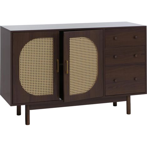 Aparador HHG-909, armario, cómoda, aparador alto, cajones, compartimentos de almacenamiento, polirratán, MDF, melamina, 80 x 120 x 40 cm, aspecto nogal (1/5)