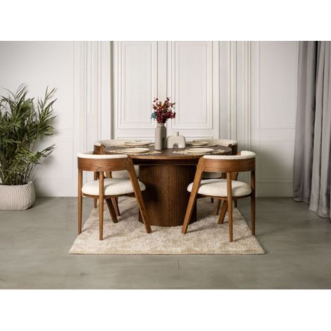 BOBOCHIC - Ensemble SORMIOU avec table à manger ronde extensible 130 à 180 cm + 4 chaises placage chêne massif Marron foncé (1/5)
