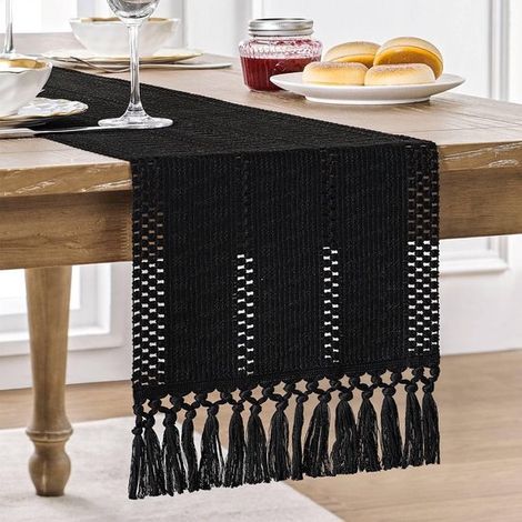 Camino de mesa de 30 x 180 cm con borlas, estilo rústico, ideal para restaurantes y decoración rústica del hogar - color negro. (1/4)
