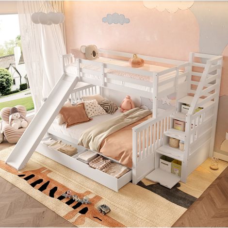Letto a castello in pino e MDF bianco anticato 90x200 sopra 140x200 cm con scivolo, cassetti e contenitori (1/5)
