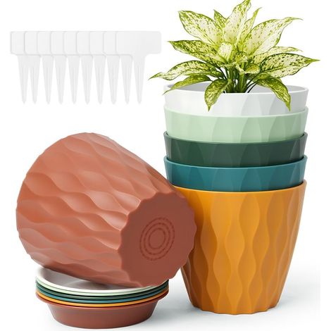 Lot de 6 Pot à Fleurs, 10cm Petits Pots en Plastique Résistant UV avec Trous de Drainage & sous-Pot, Nordiques pour Intérieur & Extérieur Fleurs Cactus Plantes, Cadeau Jardinier -Multicolore (1/5)