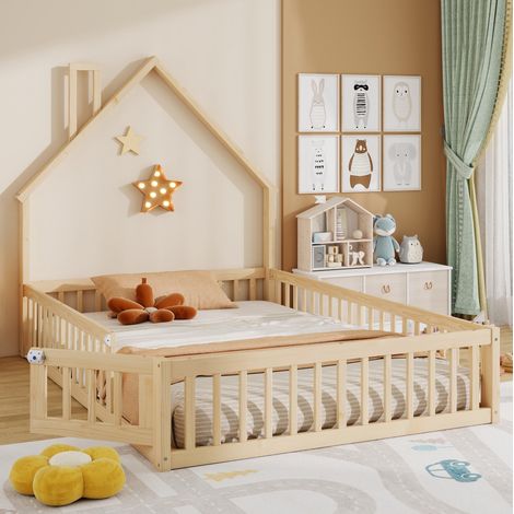 Letto a casetta 140x190 cm in legno/MDF naturale con sponde per bambini - MEUBLIV (1/5)