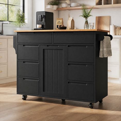 Isla de cocina móvil 122 x 40 x 91,5 cm con tablero abatible, 8 cajones, negro HAVRYA (1/5)