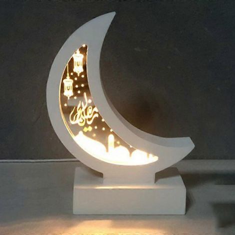 Ramadan Eid Mubarak Holzdekoration – LED-Mondlampe, islamische Moschee-Nachtlampe, weiß, 12 cm, ideales muslimisches Geschenk.