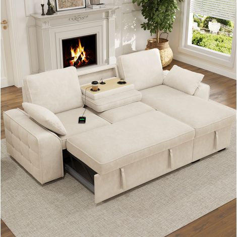 3-Sitzer Ecksofa mit Bettfunktion und Stauraum, Chenille beige HAVRYA (1/5)