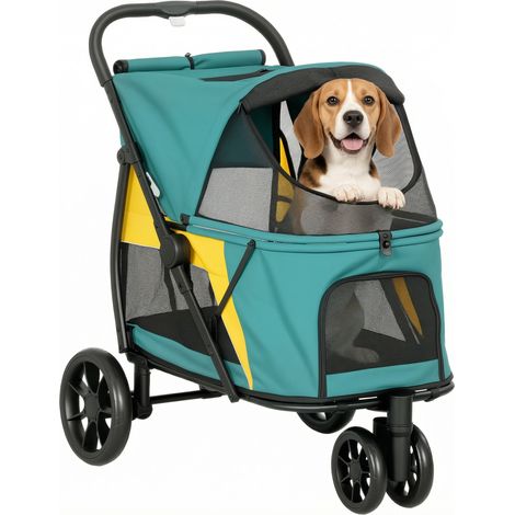 Chariot chien pliable 20 kg coussin maille poche arrière vert foncé (1/5)