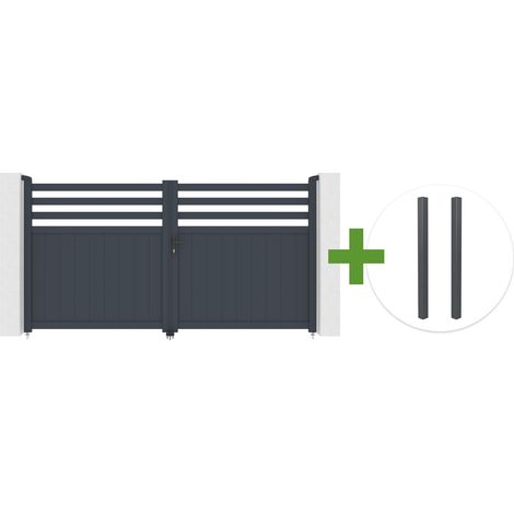 Portail battant 3m NEVIS H.160cm aluminium gris + 2 poteaux ELDA aluminium gris 15x15cm (1/5)