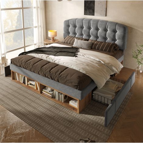Cama individual 90x200 cm en terciopelo gris con somier, cabecero ajustable y cajones (1/5)