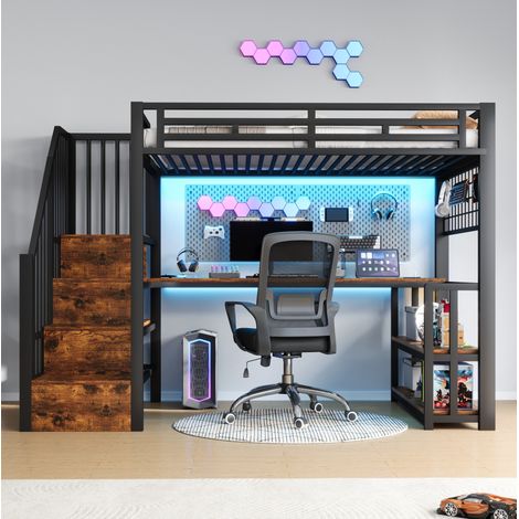 Lit mezzanine enfant 90x200 cm en métal noir, gain de place pour chambre, sans matelas FloraGrace (1/5)