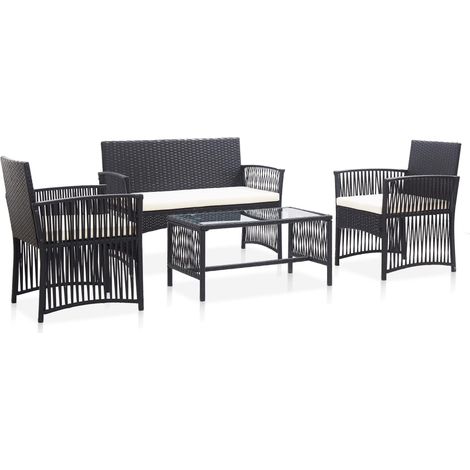4-tlg. Garten-Lounge-Set mit Auflage Poly Rattan Schwarz