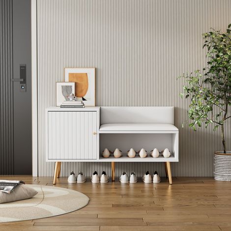 Meuble à chaussures - avec banquette et 2 compartiments - avec poignées et pieds en métal - style moderne - Blanc (1/4)